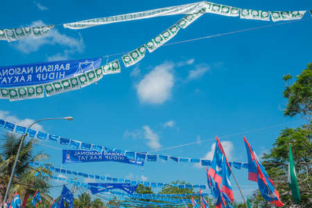 Muadzam Shah, Pahang- May 9th, 2018: Political flags and banners for the Malaysian 14th General Election at a residential area on May 9, 2018, in Muadzam Shah, Pahang, Malaysia.のeditorial素材