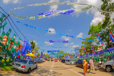 Muadzam Shah, Pahang- May 9th, 2018: Political flags and banners for the Malaysian 14th General Election at a residential area on May 9, 2018, in Muadzam Shah, Pahang, Malaysia.のeditorial素材