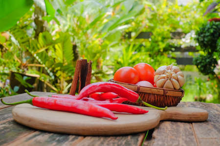 Fresh tomato, cinnamon, garlic, onion, chili, on an old table. Concept cuisine Asian countriesの写真素材