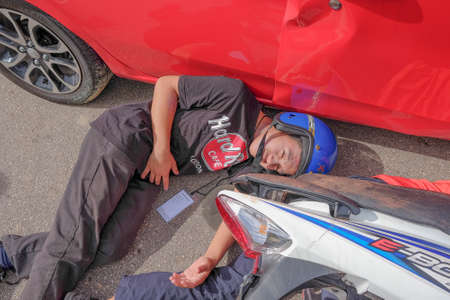Muadzam Shah, Pahang - October 18th, 2018 : The cast of a road accident that has been makeover by a beautician looks like a real injury during the Inter Agency Disaster Training Program 2018のeditorial素材