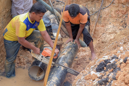 Muadzam Shah, Malaysia - November 1st, 2018  : Worker using chainsaw to cut water pipe in new...