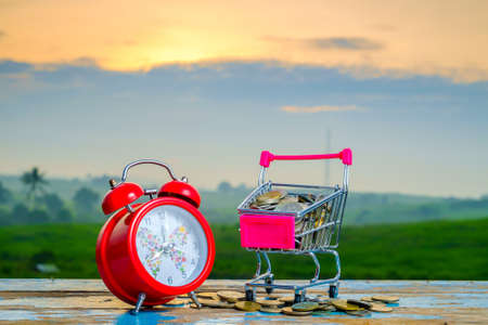 Mini supermarket shopping cart , coins and alarm clock  on blurred green nature background with beautiful  sunriseの写真素材