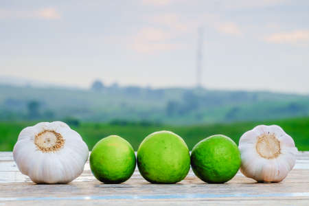 Limes and  garlics  on old wooden with blurred background ,healthy nutrition,strengthening immunity, diet and treatment of flu.の写真素材
