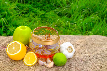 Garlic, green apple,lime  , lime , lemon and honey with dipper on jute . Healthy eatingの写真素材