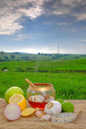 Measuring tape, garlic, green apple,lime  , lime , lemon , dipper  and honey  on jute with beautiful blurred background   . Healthy eatingの写真素材