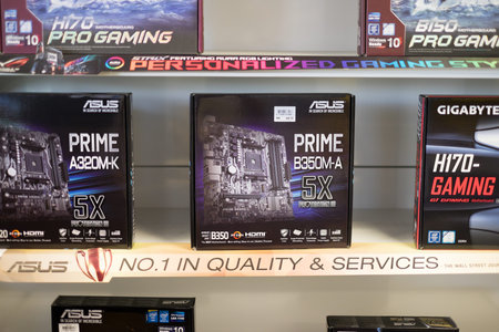 Kuantan, Malaysia - October 18th, 2017 : Computer motherboards and other electronic parts on sale at