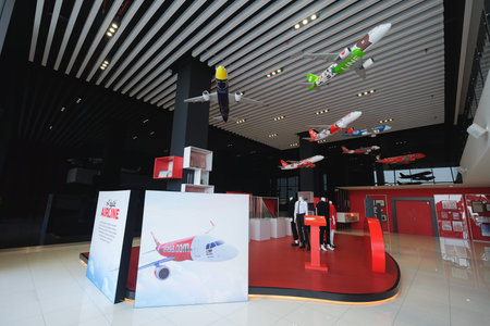 Sepang, Malaysia - March 28th, 2019 : AirAsia plane replica in Air Asia Head Quarter. AirAsia Berhad...