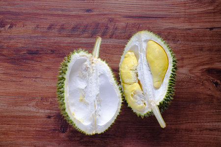Fresh Durian Fruit on wood backgroundの写真素材