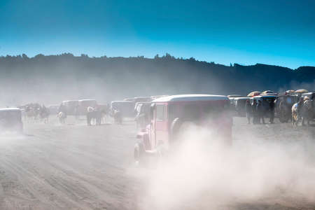 BROMO, INDONESIA -August 3rd, 2019 : Colourful tourist jeeps with horse at the parking areas near Hindu temple Pura Luhur Poten, Bromo crater in savanna of Tengger caldera at Mt. Bromo, East Java.のeditorial素材