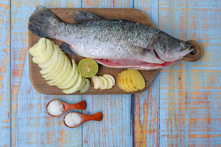 Barramundi or asian seabass fish with salt, msg,ginger,garlic,onion, , and key lime over the wooden cutting board.の写真素材