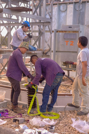 Muadzam Shah, Malaysia - January 9th, 2020 : Unidentified electrician work installation of high...