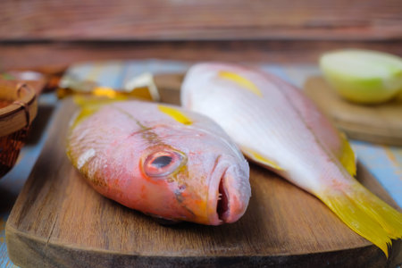 Fresh fish withchilies, onion , lemongrass, ginger,garlic,and key lime over the wooden cutting...