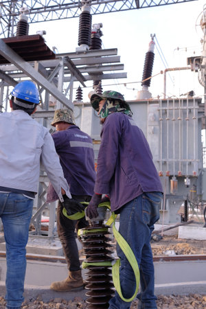 Muadzam Shah, Malaysia - January 9th, 2020 : Unidentified electrician work installation of high...