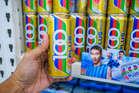 Senawang, Malaysia - March 8th,2020 : Man holding  100 plus can isotonic carbonated drink on the supermarket shelf.のeditorial素材