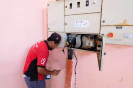 Muadzam Shah, Malaysia - January 31th, 2020: Technician wiring cable in front of electrical panel for control and distribute electrical power system in building.のeditorial素材