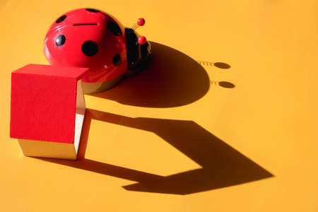 Ladybug piggy bank and mini house on yellow backgroundの写真素材