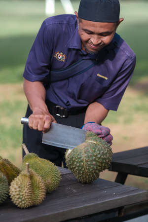Muadzam Shah, Malaysia - July 1st ,2020:  Happy asian men enjoy eating durian fruit with thier friends.のeditorial素材