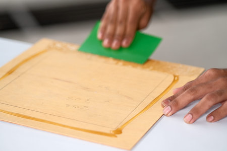 Process of gluing plank of plywood. Furniture making