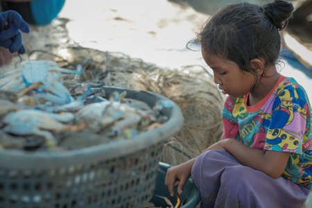 Kuala Rompin, Malaysia- August 30th,2020 : Young  Asian girl and crab at fishing village in Kuala Rompinのeditorial素材