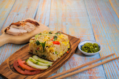 Chicken fried  rice  with fried chickenの写真素材