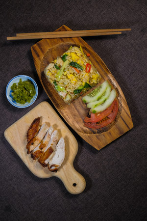 Chicken fried  rice  with fried chickenの写真素材