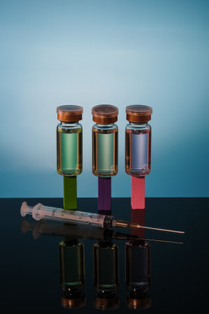 A Vaccine in vial and syringe close-up on a  glass table, medical concept, laboratory, subcutaneous injection vaccination, dose. Disease treatment immunization.の写真素材