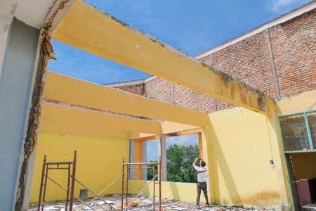 Muadzam Shah, Malaysia- September 4st, 2021 :Contractor took measurements of the roofing work in the process of repairing the building due to fireのeditorial素材