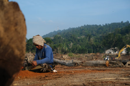 Kuantan, Malaysia - September 18th, 2022 : A lumberjack working without safely equipment protection  in Kuantan.のeditorial素材
