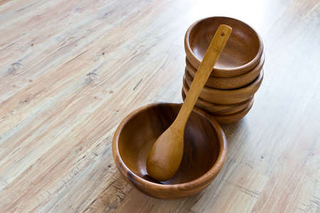 Wooden bowls with wooden spoonの写真素材
