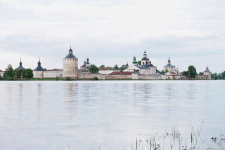 Landscape with Kirillo-Belozersky monastery on the lakeshore. Bright imageの写真素材