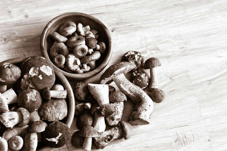 Mixed mushrooms in wooden bowls on wooden background. の写真素材