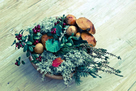Autumn composition: red cep mushrooms with white moss, pine branch, colorful leaves, cranberries in wooden bowl. Image with vintage filterの写真素材