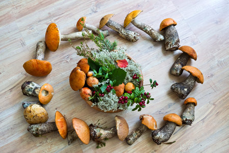 Conceptual nature image with autumn gifts: mushrooms, wooden bowl with colorful leaves, pine branch,...