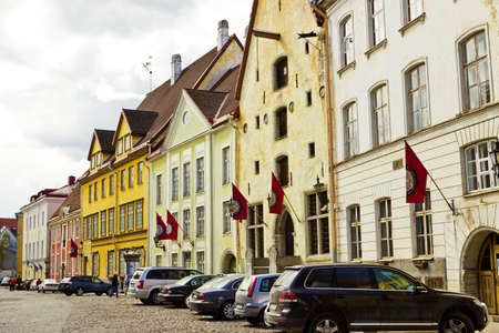 Street in old town. Cars parked in the historical part of city. Tallinn, Estoniaのeditorial素材