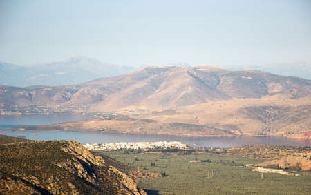 Landscape with mountains and blue waters of the Gulf of Corinth, Greece. Morningの写真素材