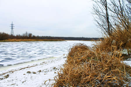 The picturesque landscape of the freezing river and dry grass on snowy shore on a sunny day in early winterの写真素材