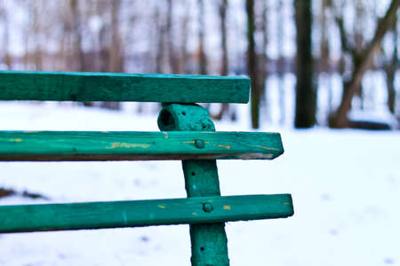Green wooden bench in winter parkの写真素材