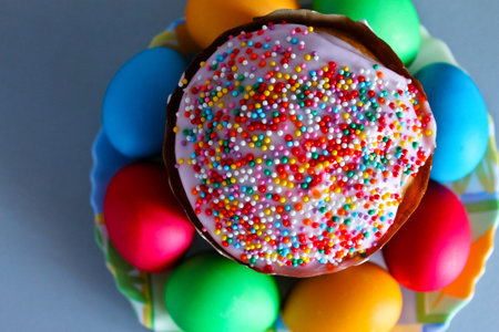 Easter cake and painted eggs. Selective focus