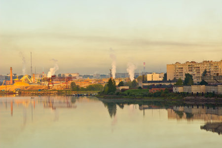 Summer industrial landscape at sunriseの写真素材