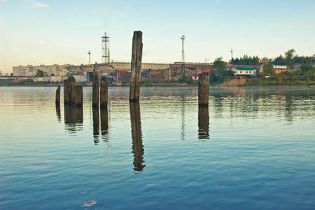 Old broken pier at sunriseの写真素材