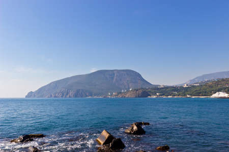Beautiful seascape with bear mountain at backgroundの写真素材