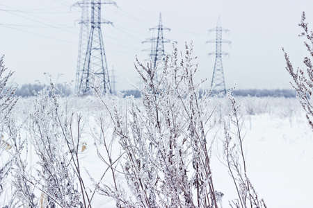 Electricity tower in winterの写真素材