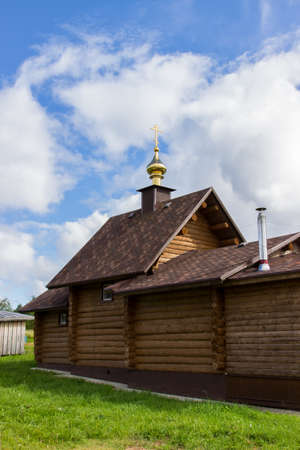 Wooden church in Complex of Kornilie-Paleostrovsky monastery on Paliy island, Onega lake, Karelia, Russiaの写真素材