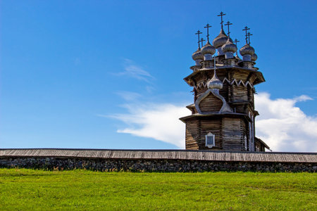 Ancient wooden religious architecture. Summer landscape. Kizhi Island, Russiaの写真素材