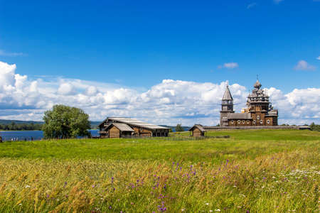 Ancient wooden religious architecture. Summer landscape. Kizhi Island, Russiaの写真素材