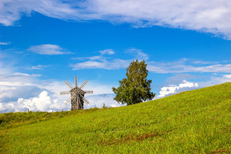Traditional wooden windmill on Kizhi Island. Karelia, Russia