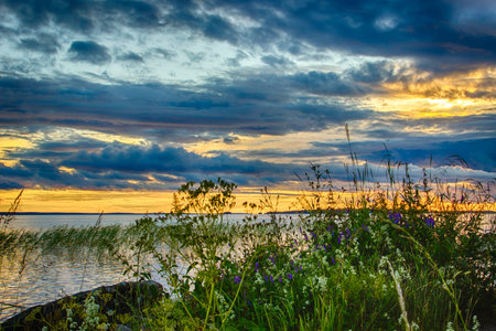 Beautiful tranquil summer sunset on the Onega lake, Karelia, Russia. High contrast hdr image made from three photosの写真素材