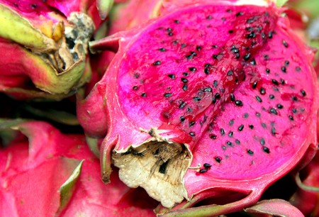 the close up view of a dragon fruit sold at fruit stall in Johore, Malaysiaの写真素材