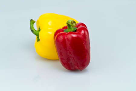 Red and yellow capsicums on bluish backgroundの写真素材