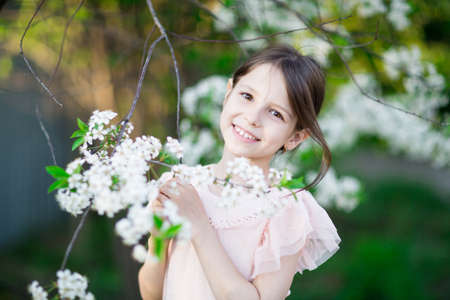 Adorable little girl in blooming apple tree garden. Cute child near apple tree at spring.の写真素材